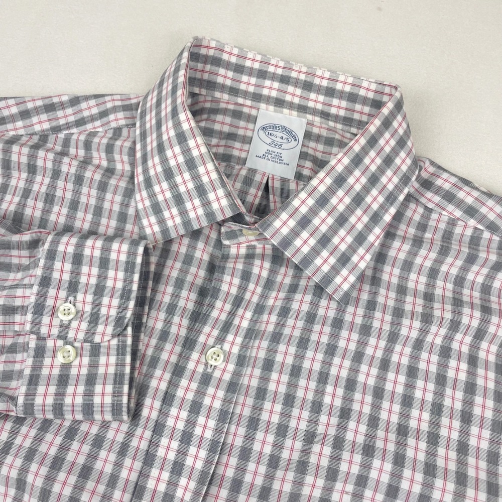 Brooks Brothers 346 Mens 16.5 4/5 Slim Fit Non-Iron Plaid Dress Shirt Grey Red